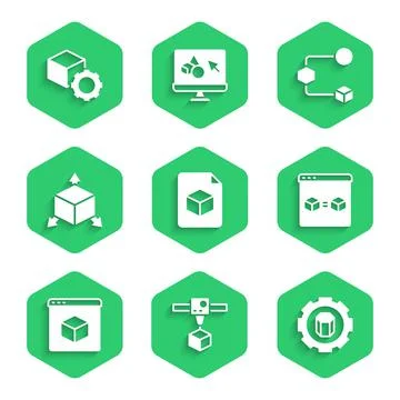 Set Isometric cube file, 3D printer, setting, perfect copy, and icon. Vector 스톡 일러스트