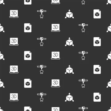 Set Isometric cube, file, 3D printer and tooth on seamless pattern. Vector Stock Illustration