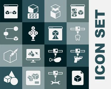 Set Isometric cube file, 3D printer gun, tooth, Layers, scanner, perfect copy Stock Illustration