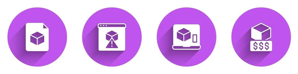 Set Isometric cube file, 3D printer, and services icon with long shadow. Vector Stock Illustration