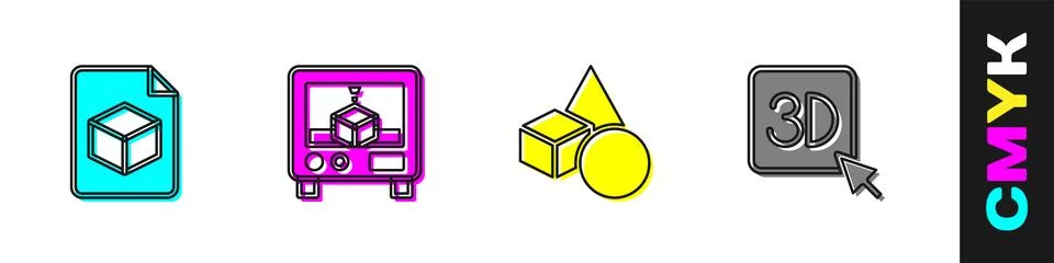 Set Isometric cube file, 3D printer, Basic geometric shapes and icon. Vector Stock Illustration