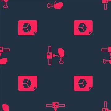 Set Isometric cube file and 3D printer chicken leg on seamless pattern. Vector Stock Illustration