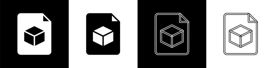 Set Isometric cube file icon isolated on black and white background. Geometric Illustrazione stock
