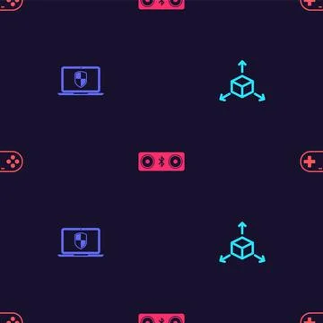 Set Isometric cube, Laptop with shield, Bluetooth speakers and Gamepad on Stock Illustration