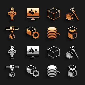 Set Isometric cube, Layers, Filament for 3D printer, scanner and software icon Ilustração Stock