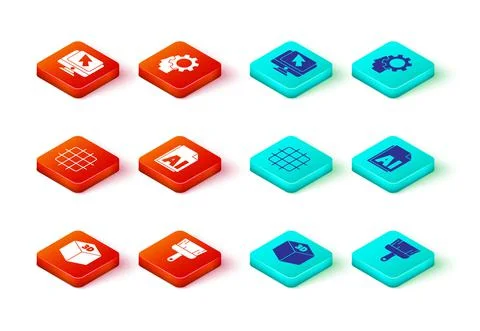 Set Isometric cube, Paint brush, Grid graph paper, AI file document, Human head Stock Illustration