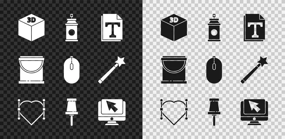 Set Isometric cube, Paint spray can, Text file document, Heart with Bezier curve Stock Illustration