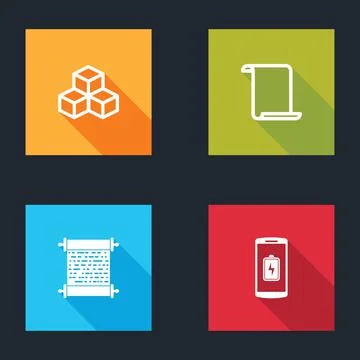 Set Isometric cube, Paper scroll, and Smartphone battery charge icon. Vector Illustrazione stock