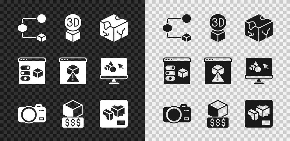 Set Isometric cube, Photo camera, 3D printer services, and icon. Vector Stock Illustration