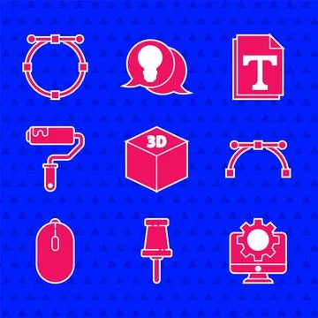 Set Isometric cube, Push pin, Computer monitor and gear, Bezier curve, mouse Illustrazione stock