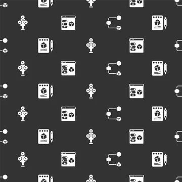 Set Isometric cube, Sketch on paper, 3D scanner and printer on seamless pattern Illustrazione stock