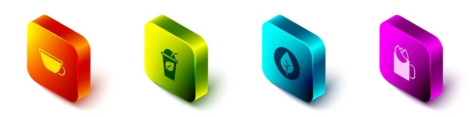 Set Isometric Cup of tea, with leaf, Tea and rose icon. Vector Stock Illustration