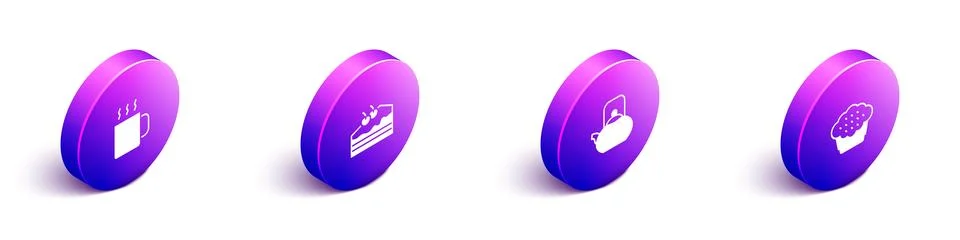 Set Isometric Cup of tea, Piece cake, Kettle with handle and Muffin icon. V.. Illustration
