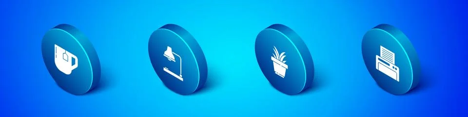 Set Isometric Cup of tea with tea bag, Plant in pot, Printer and Table lamp icon Stock Illustration