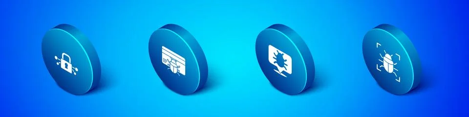 Set Isometric Cyber security, System bug, and in credit card icon. Vector 库存插图