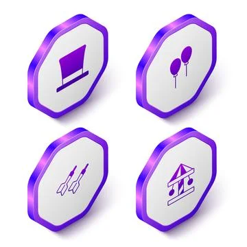 Set Isometric Cylinder hat, Balloons with ribbon, Dart arrow and Attraction.. Stock Illustration