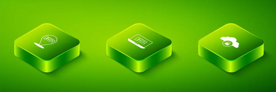 Set Isometric Data analysis, Cloud computing lock and icon. Vector Illustrazione stock