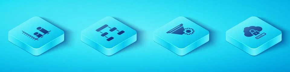 Set Isometric Data analysis, Hierarchy organogram chart, Cloud computing lock Stock Illustration