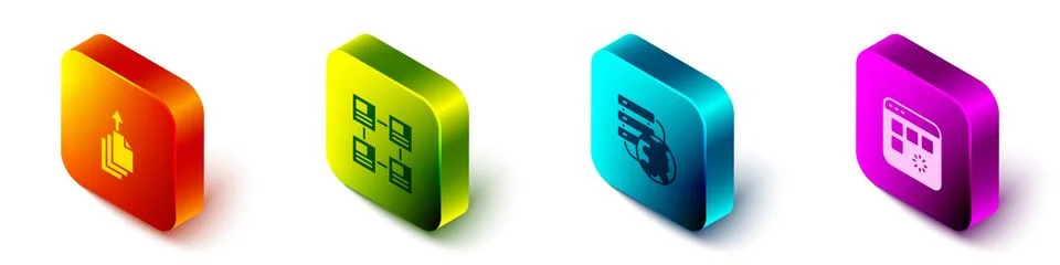 Set Isometric Data export, Hierarchy organogram chart, Network cloud connection Stock Illustration