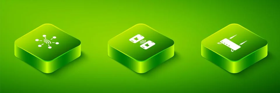 Set Isometric Data transfer and storage, Router wi-fi signal and Network icon Illustrazione stock