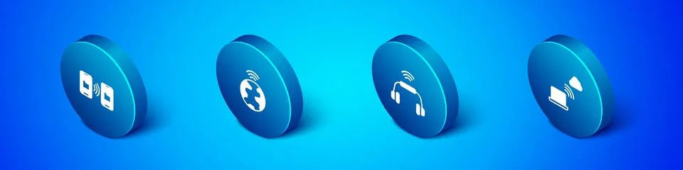 Set Isometric Data transfer and storage, Smart headphones system, Network cloud Illustrazione stock