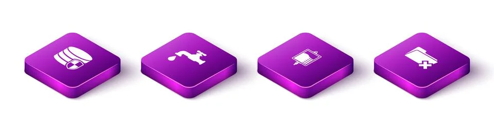 Set Isometric Database protection, Water tap, IV bag and Delete folder icon Stock Illustration