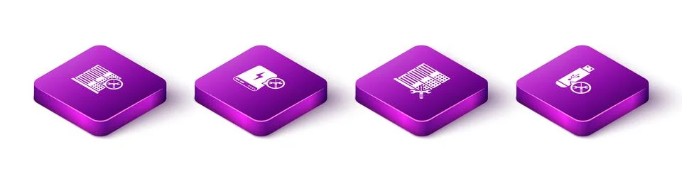 Set Isometric Database server service, Power bank, and USB flash drive icon 스톡 일러스트