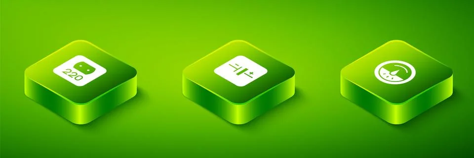Set Isometric DC voltage source, Electric meter and Electrical outlet icon... Illustrazione stock