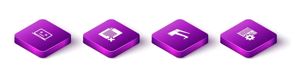 Set Isometric Dead laptop, Delete file document, Water tap and Server setting Stock Illustration