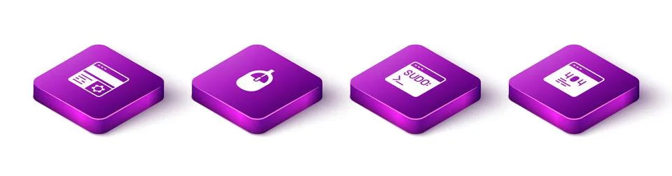 Set Isometric Debugging, Computer mouse, Code terminal and Page with 404 error Stock Illustration