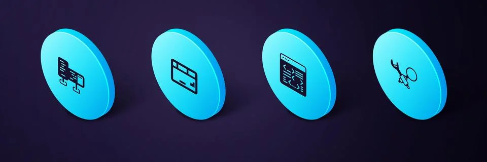 Set Isometric Debugging, Software, Keyboard and Computer monitor screen ico.. Stock Illustration
