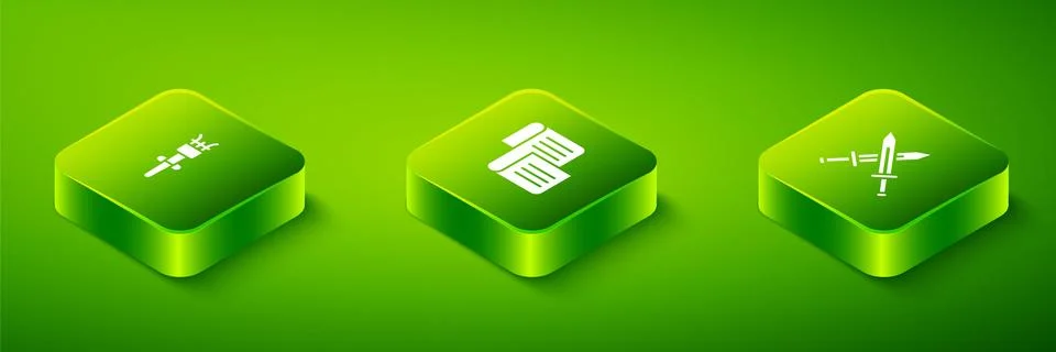 Set Isometric Decree, parchment, scroll, Crossed medieval sword and Torch flame Illustrazione stock