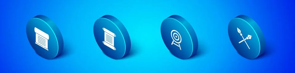 Set Isometric Decree, parchment, scroll, Target with arrow, Crossed medieval Illustrazione stock