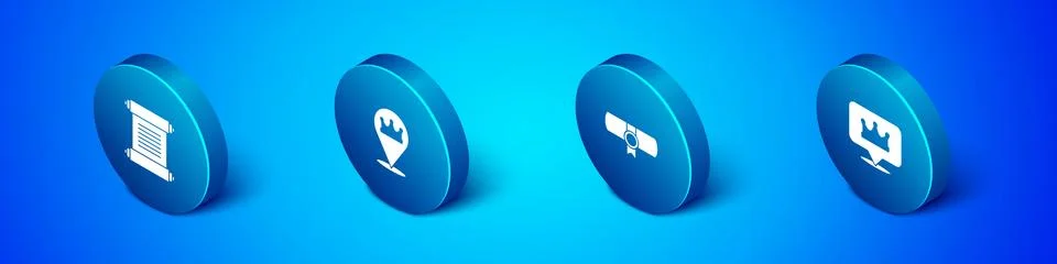 Set Isometric Decree, parchment, scroll, , Location king crown and icon. Vector Stock Illustration