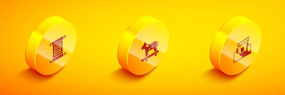 Set Isometric Decree, parchment, scroll, Trojan horse and Ancient ruins icon 스톡 일러스트
