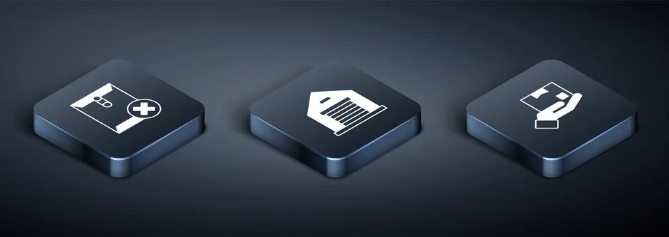 Set Isometric Delete envelope, Delivery hand with box and Warehouse icon. Vector Stockillustratie