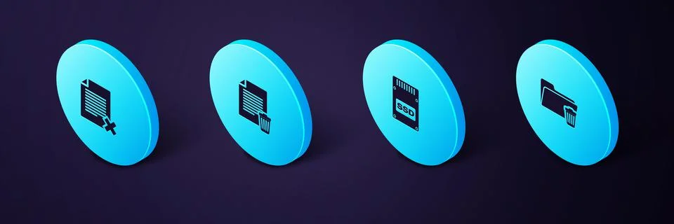 Set Isometric Delete folder, SSD card, file document and icon. Vector Stock Illustration