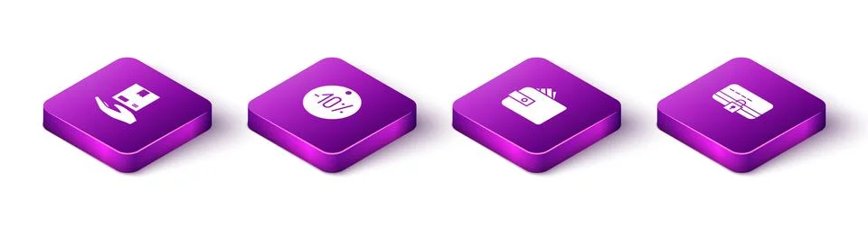 Set Isometric Delivery hand with boxes, Ten discount percent tag, Wallet pape Illustrazione stock