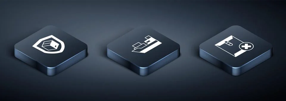 Set Isometric Delivery security with shield, Delete envelope and Cargo ship Illustrazione stock