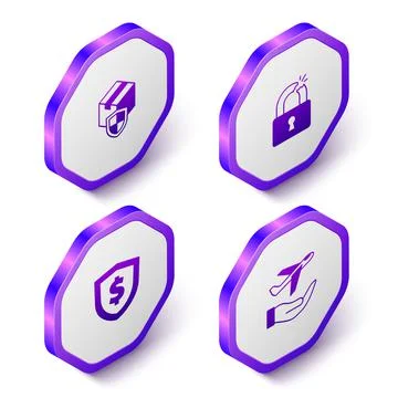 Set Isometric Delivery security with shield, Broken or cracked lock, Shield Stock Illustration