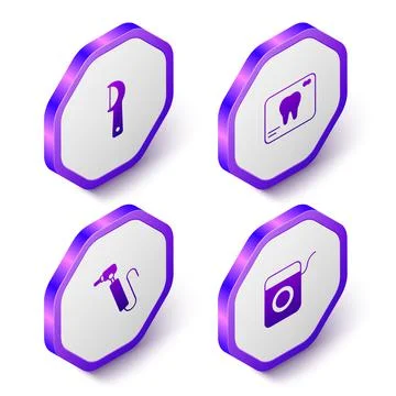 Set Isometric Dental floss, X-ray of tooth, Tooth drill and icon. Purple hexagon Illustrazione stock