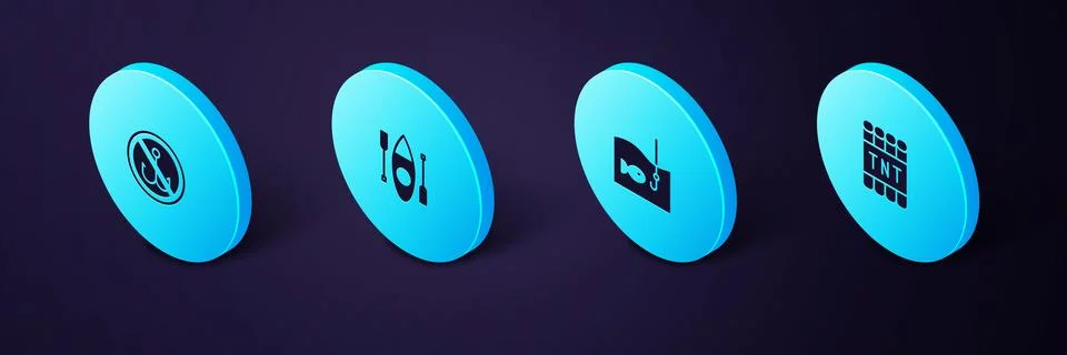 Set Isometric Detonate dynamite bomb stick, Fishing hook with fish, Kayak or  Stock Illustration