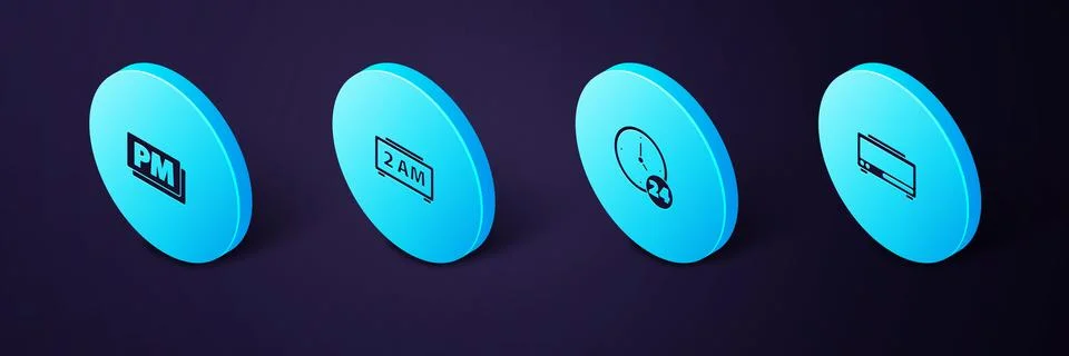 Set Isometric Digital alarm clock, Clock 24 hours,  and PM icon. Vector Stock Illustration