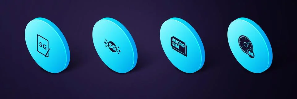 Set Isometric Digital speed meter 5G, Micro Sim Card, network and Graphic tab Illustrazione stock