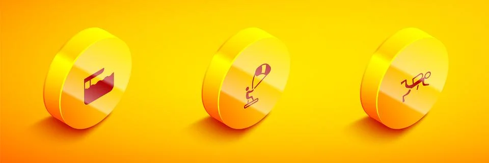 Set Isometric Diving board or springboard, Kitesurfing and Scuba diver icon Stock Illustration