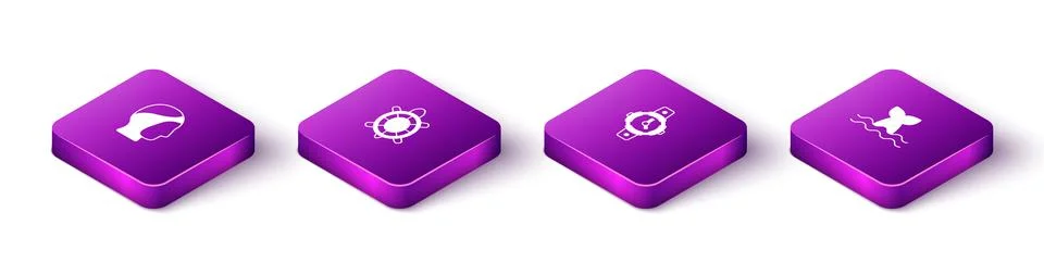 Set Isometric Diving hood, Turtle, watch and Whale tail icon. Vector 스톡 일러스트