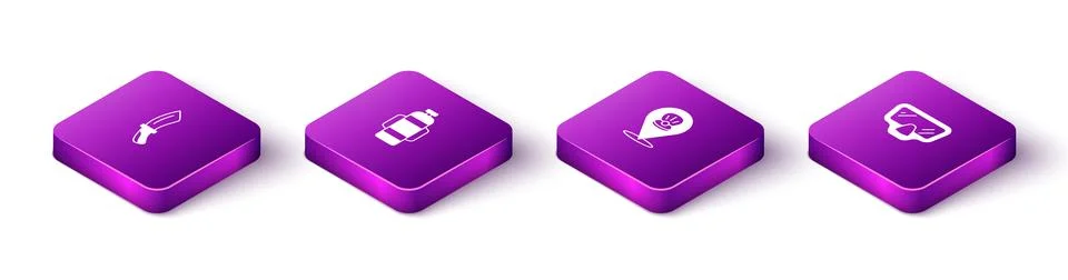 Set Isometric Diving knife, Aqualung, Scallop sea shell and mask icon. Vector 스톡 일러스트