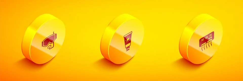 Set Isometric Diving mask, Sunscreen cream tube and Air conditioner icon. Vector Illustrazione stock