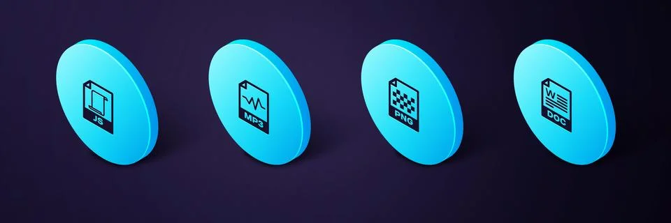 Set Isometric DOC file document, PNG, MP3 and JS icon. Vector 库存插图