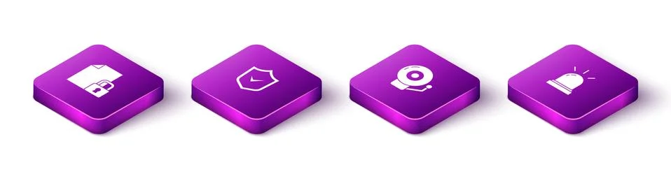 Set Isometric Document and lock, Shield with check mark, Ringing alarm bell and Stockillustratie